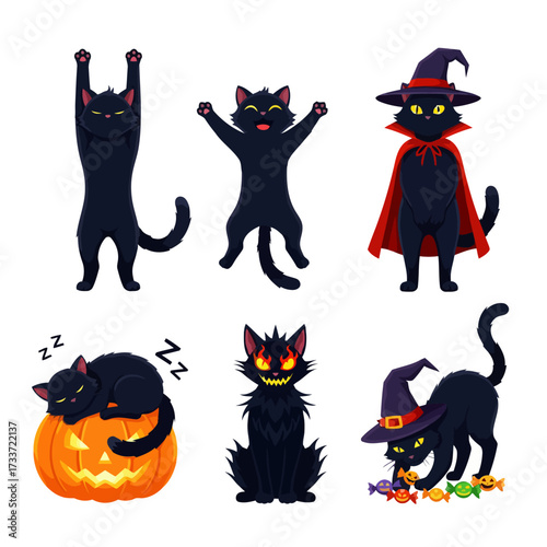 A collection of six cartoon black cats in various Halloween-themed poses and costumes, including a witch cat, a sleeping cat on a pumpkin, and a spooky cat.