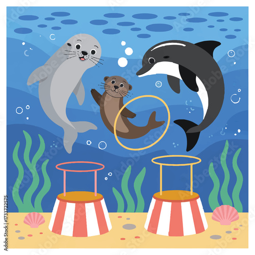 Vector art of a playful underwater circus scene featuring a seal, otter, and dolphin performing tricks with hoops and platforms in a whimsical illustration