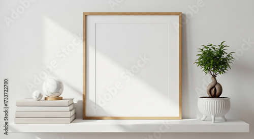 Blank frame leaning on white shelf with plant and books