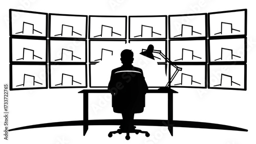 A person sits at a desk with a lamp in front of many monitors displaying the same waveform pattern