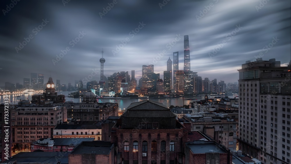 Fototapeta premium Shanghai Urban Skyline at Dusk with Dramatic Cloudy Sky and Illuminated Skyscrapers Architecture Photography