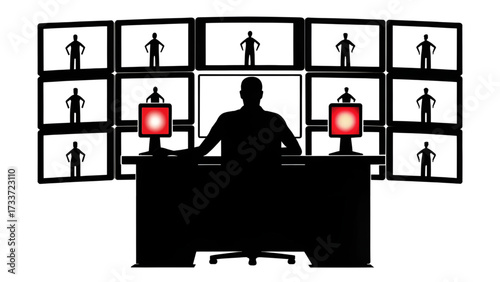 Silhouette of person at desk with multiple screens displaying figures in a surveillance setting view