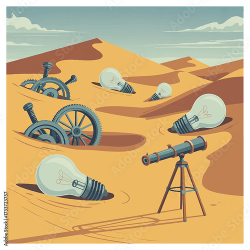 Vector art of a surreal desert landscape featuring light bulbs, a telescope, and wagon wheels partially buried in the sand under a blue sky with soft clouds