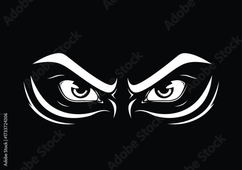 Intense eyes, glaring stare, symmetrical design, bold lines, black background, dramatic expression, graphic style, mystery, vigilance, strength, monochrome illustration