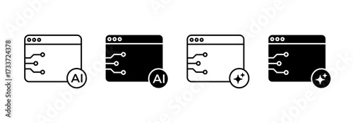 Browser window with AI Icon Set. Artificial Intelligence technology symbols for mobile apps. Vector Illustration
