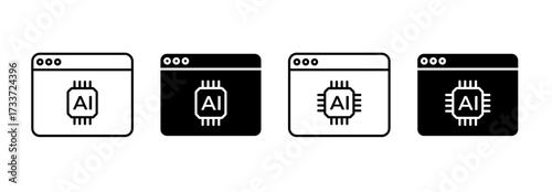 Browser window with AI Icon Set. Artificial Intelligence technology symbols for mobile apps. Vector Illustration