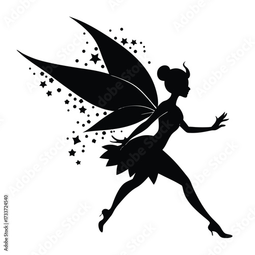 Black fairy silhouette with wings and stars vector