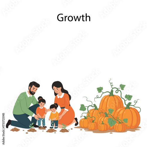 Family enjoying autumn harvest picking pumpkins in a sunny pumpkin patch with text growth 