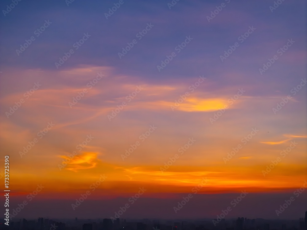Fototapeta premium Breathtaking Twilight Sky with Vibrant Orange and Purple Clouds Over Silhouetted Landscape Horizon