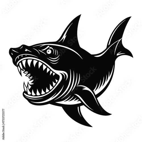 Fierce black shark with sharp teeth white ocean