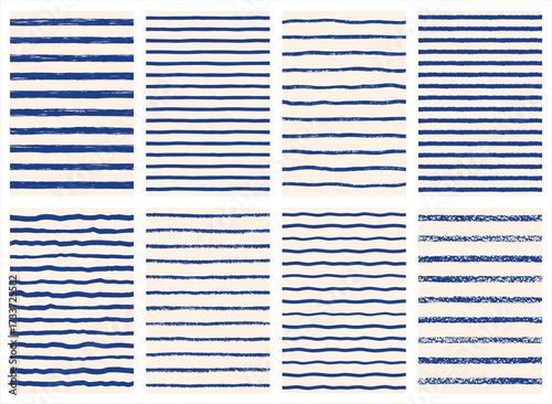 Sailor vest stripes vector backgrounds collection. Hand brush crayon chalk drawn textured distressed uneven doodle grunge rough wavy blue stripes streaks bars strokes. Retro striped patterns set