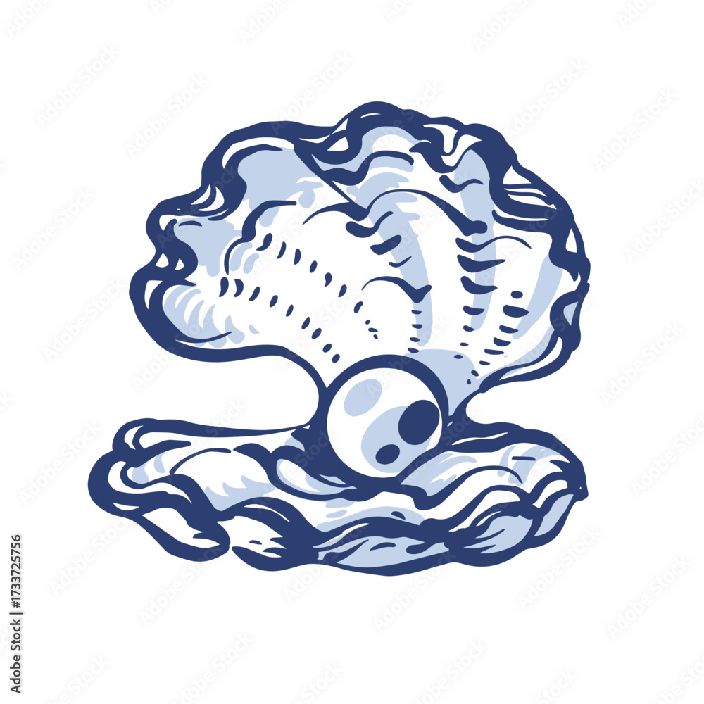 Obraz premium Shell with pearl. Whimsical Hand Drawn Scallop seashell with pearl, open clam shells. Seafood shop logo, restaurant menu. Isolated on white backdrop. Freehand outline ink scribble retro style