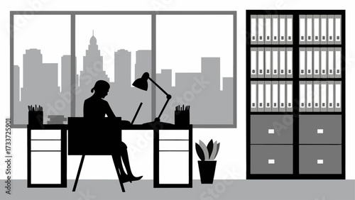 Silhouette of woman working at desk with laptop and lamp with city view and file cabinet office scene