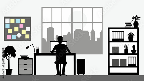 Silhouette of a person working at a desk in an office with a city view and various office furnishings