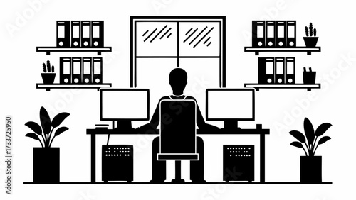 A person sitting at a desk with two computers in front of them and shelves with binders behind them