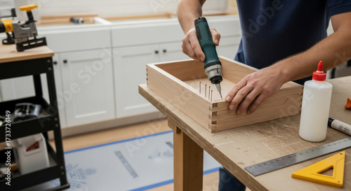 Wallpaper Mural Woodworker drilling holes into wooden box Torontodigital.ca