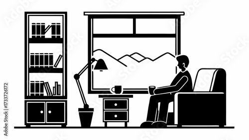 A person sits in a chair by a window with a view of mountains next to a bookshelf and a lamp in black and white