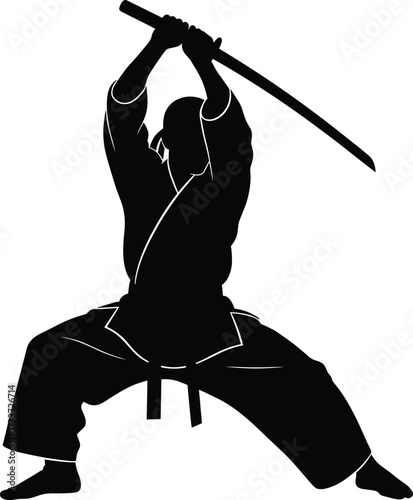 Martial arts silhouette, katana pose, traditional gi, defensive stance, sword training, black and white, warrior spirit, combat focus, kenjutsu, discipline