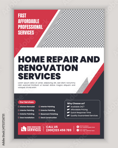 Home renovation and repair services flyer and poster design template for remodeling, carpentry, plumbing, electrician, flooring, painting, roofing, and maintenance advertisement layout.