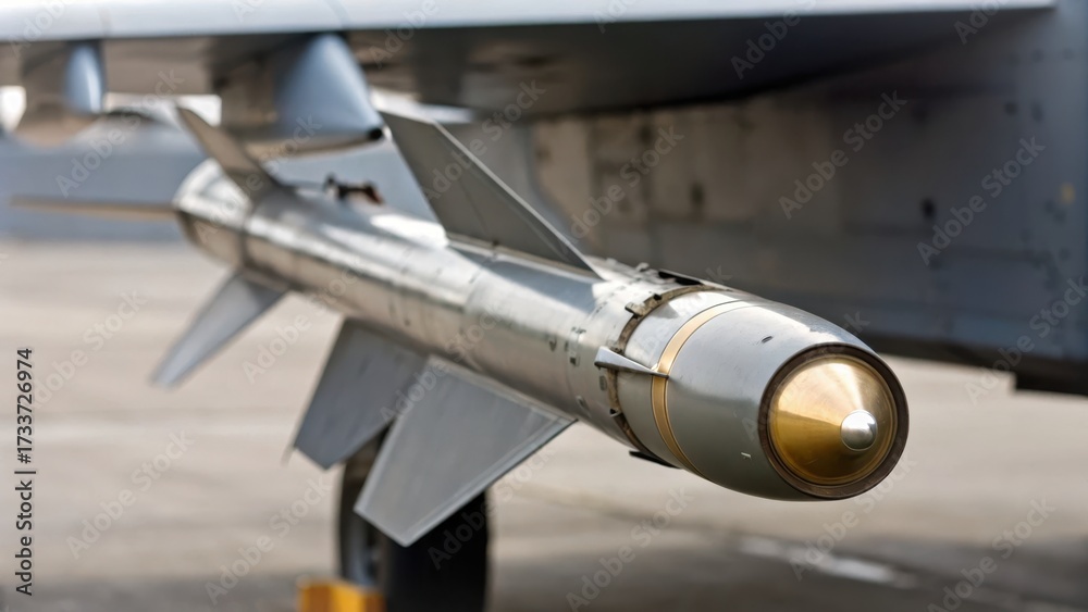 Obraz premium modern air combat uk Military missile mounted on aircraft, showcasing its sleek design and readiness for action.