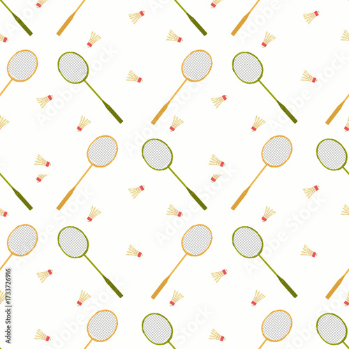 Seamless Pattern with Badminton Rackets and Shuttlecocks in Cartoon Doodle Style