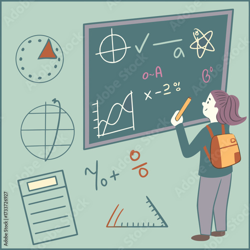 Classroom Chalkboard with Handwritten School Subject Doodles and Diagrams