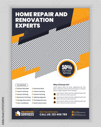 Home renovation and repair services flyer and poster design template for remodeling, carpentry, plumbing, electrician, flooring, painting, roofing, and maintenance advertisement layout.