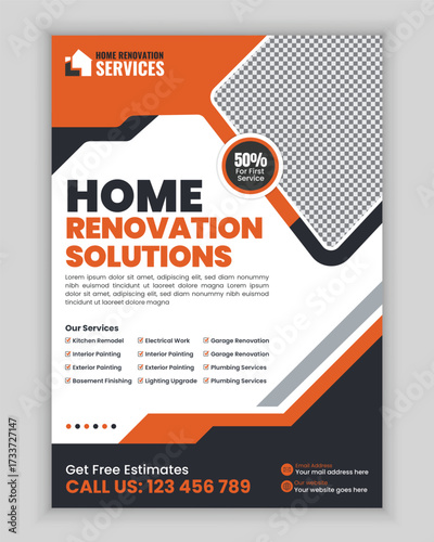 Home renovation and repair services flyer and poster design template for remodeling, carpentry, plumbing, electrician, flooring, painting, roofing, and maintenance advertisement layout.
