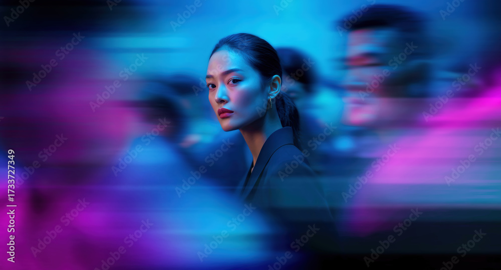 Fototapeta premium Confident Asian businesswoman in blazer in focus as neon crowd streaks by in blue and pink
