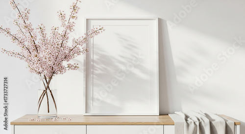 Blank picture frame with pink flowers and sun shadows