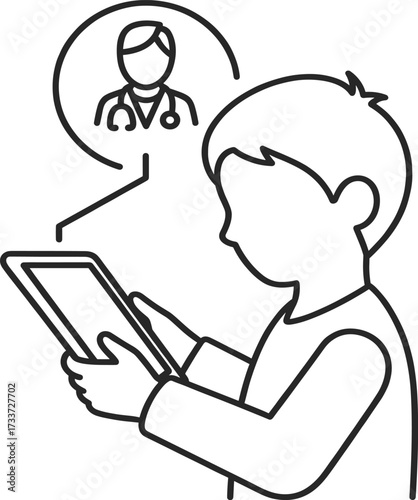 Pediatric telemedicine outline icon, child consulting doctor on video call, online healthcare service, virtual medical consultation