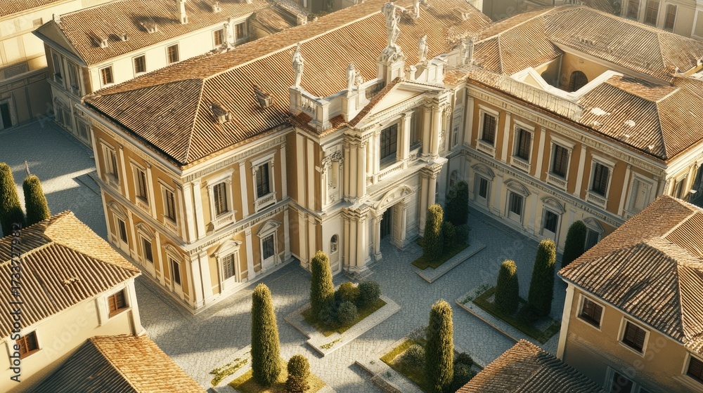 Fototapeta premium Aerial View of a Grand Italian Palace: Architectural Marvel in the Golden Hour