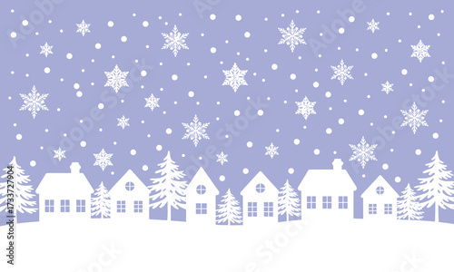 Winter Background with Christmas Village — Seamless Border Featuring White Houses, Fir Trees on Light Blue Background in Fairy Tale Style Vector Illustration