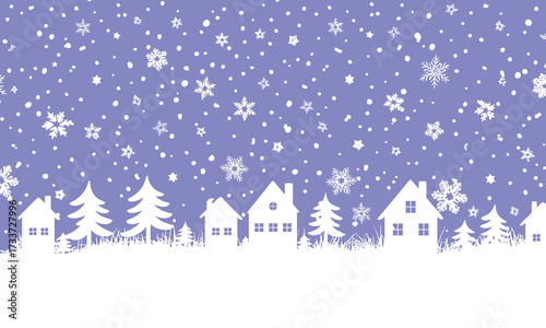 Winter Background with Christmas Village — Seamless Border Featuring White Houses, Fir Trees on Light Blue Background in Fairy Tale Style Vector Illustration
