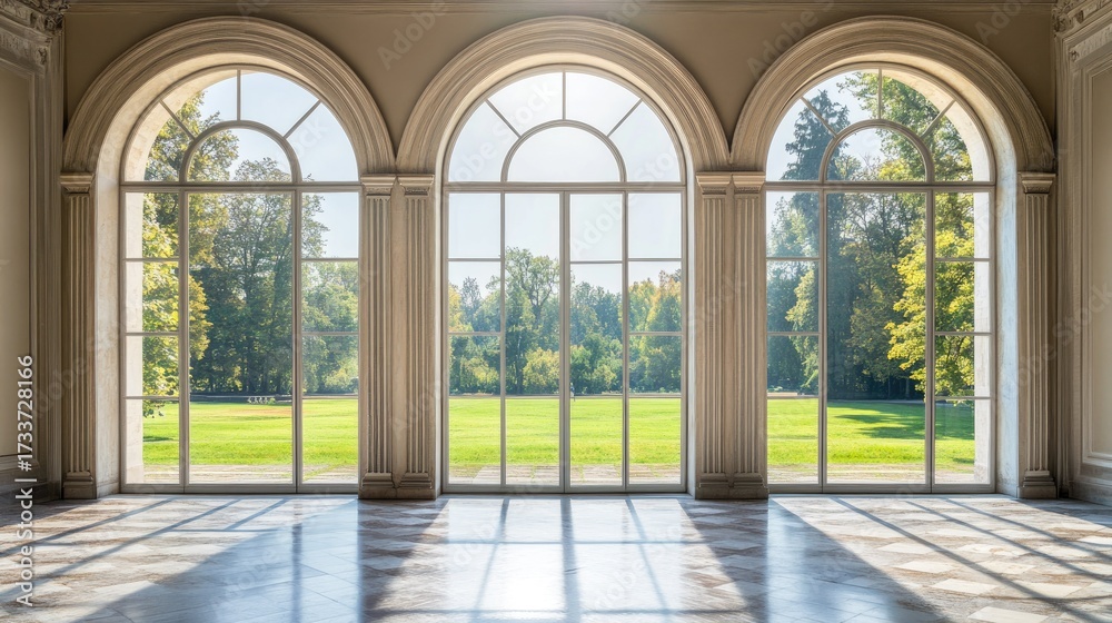 Naklejka premium Serene Garden View Through Arch Windows