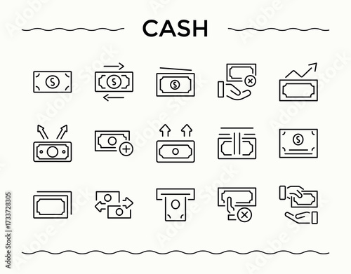 Cash linear icon collection. Minimal icons set. Containing financial, wallet, credit, saving, card, pay. Editable stroke. Income simple icon set.