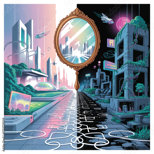 Vector art of futuristic city split by a mirror reflecting utopia and dystopia a concept of duality, contrast, and future vision