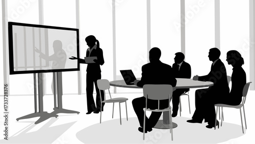 Silhouette of woman presenting to colleagues in meeting room with large screen and round table setup