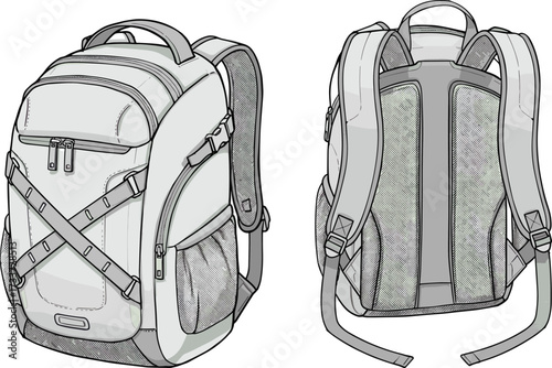 PrintBackpack front and rear view, travel bag with compartments, padded straps, mesh pockets, ergonomic design, outdoor hiking, school, business use