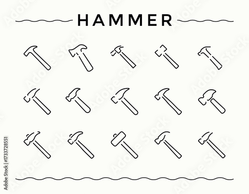 Hammer icon collection. Car icon set. Perfect for logos and infographic. Includes thin line symbols court, icon, law, silhouette, industry and more. Editable stroke. Pixel Perfect.