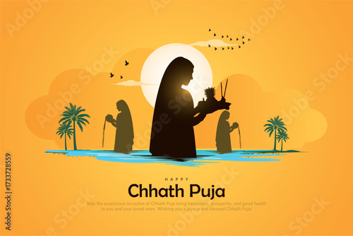 Happy Chhath Puja holiday background celebrating traditional festival of India. Creative vector illustration.