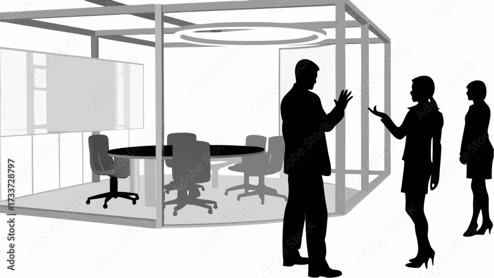 Fototapeta premium Silhouetted business people discussing in front of a modern conference room with a round table setup