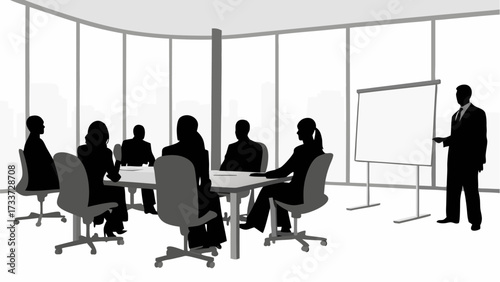 Silhouette of people in a meeting room with a presenter and a whiteboard in front of large windows