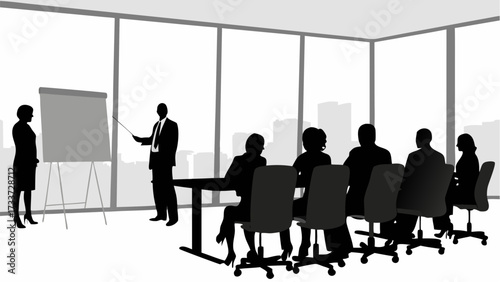 Silhouette of business presentation with presenter pointing at flipchart and audience in front of window