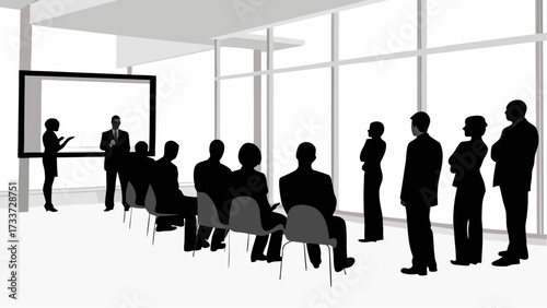 Silhouette of people in a presentation room with a screen and large windows showing a business meeting
