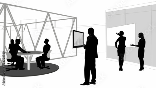 A business presentation scene with people at a table and presenters by a whiteboard in a modern office space
