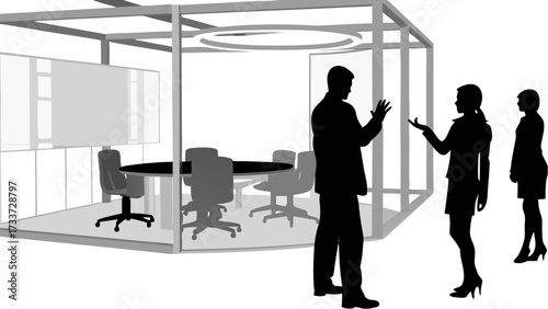 Silhouetted business people discussing in front of a modern conference room with a round table setup