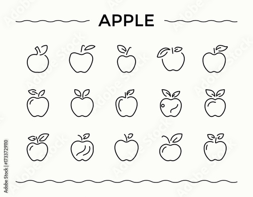 Set of Apple line icon. Included leaf, simple, dessert, element, food, tasty and more. Minimalist linear icons. Simple related icon set. Editable stroke.