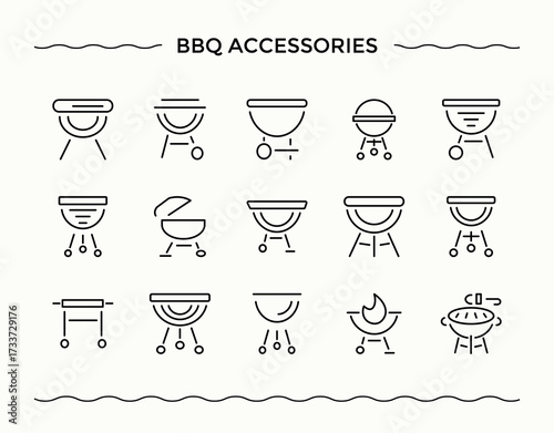 Bbq vector line icon set. Bbq modern icon set. Icons for website. Pictograms of party, food, grilled, cooking, picnic, grill and more. Pixel perfect. Editable stroke.