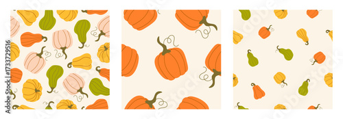 Set Seamless patterns with hand drawn pumpkins on a beige background. Autumn texture for thanksgiving, harvest and halloween. Season palette. Vector Illustration